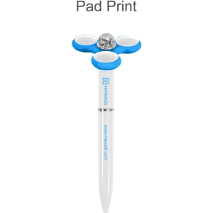 A fidget pen in white with blue accents and three circular tops, featuring a logo on the barrel.