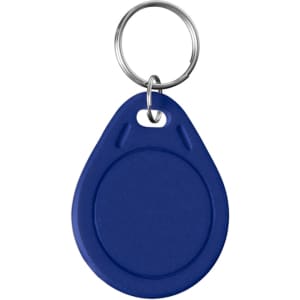 A blue NFC keytag with a keyring attachment, featuring a simple, rounded design.