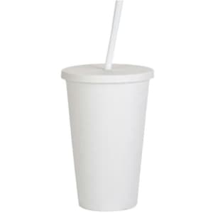 A matte white plastic cup with a lid and straw, designed for drinks. Features a logo.