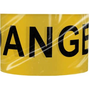 Yellow barrier tape with bold black text, featuring a logo, typically used for warning or safety purposes.