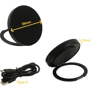 A black magnetic wireless charge stand with a Type C cable, featuring a circular design measuring 59mm in diameter.