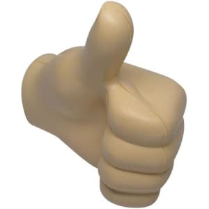 A beige fist-shaped stress reliever with thumb raised, featuring a soft and squeezable design.
