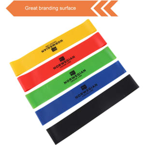 Four latex-free TPE fitness resistance bands in yellow, red, green, blue, and black, featuring a logo on each band.