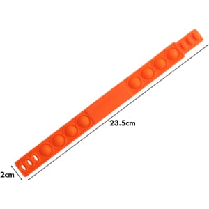 An orange fidget wristband with multiple bubble poppers, measuring 23.5 cm in length and 2 cm in width.