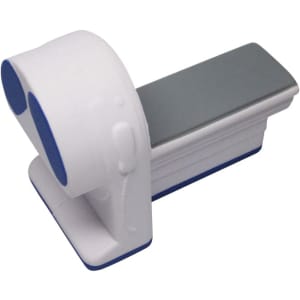 A scanner machine-shaped stress reliever in white and blue with a grey base. It features a logo on the side.
