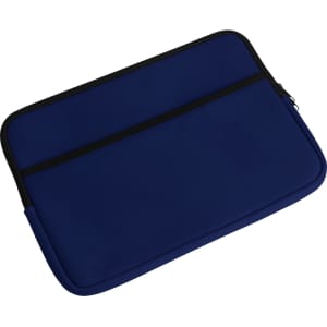 A navy laptop bag with a black zipper and two zippered compartments. It features a logo on the front.