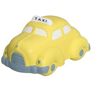 A yellow taxi-shaped stress reliever with a grey base and a white taxi sign on top.