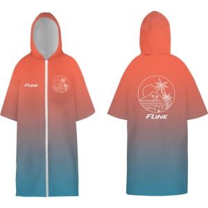 A microfibre hooded change towel in orange and blue gradient, featuring a logo and a front zip.