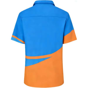 A short-sleeved shirt in blue and orange with a logo on the back and a stylish design.