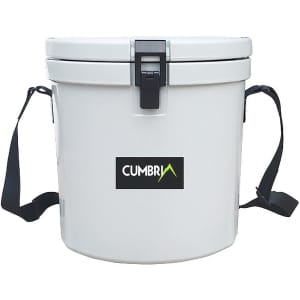 A white 12L ice bucket with a black strap and a logo on the front.