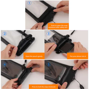 A waterproof case in black with a clear front, being demonstrated with hands opening and closing the pouch.