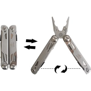 A stainless steel survival multi-tool displayed in both folded and open positions, featuring pliers and multiple tools.