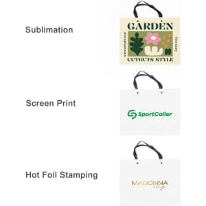 A knitted handle bag with lamination featuring various designs, including sublimation, screen print, and hot foil stamping.