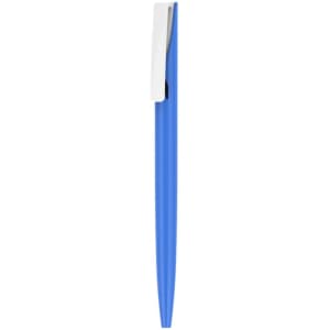 A plastic pen with a blue barrel and a white clip, featuring a branding logo.