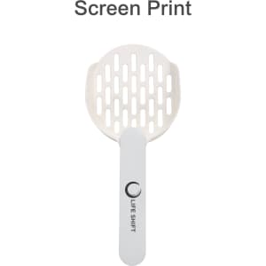 A cat litter scoop in white with a slotted head and a branded handle.