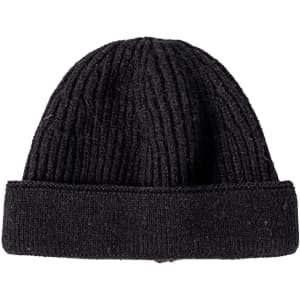 A round black beanie featuring a ribbed texture and a folded cuff at the bottom.