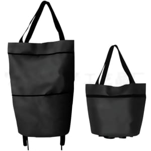 A black collapsible shopping trolley bag, featuring two sizes and shoulder straps, with a simple design.