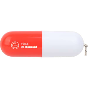 A red and white pill-shaped flash drive featuring a logo on its surface. It has a keyring attachment.