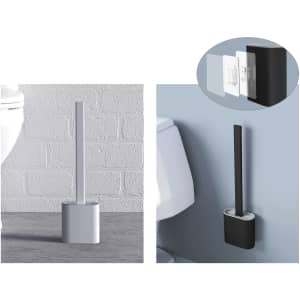 A silicone toilet brush in white and black, showcased on a bathroom floor and attached to a wall.
