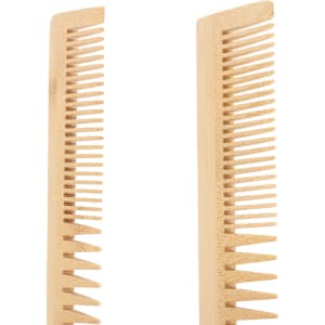 Two bamboo combs are displayed, featuring a natural wood finish and varying tooth styles. They have a simple design.