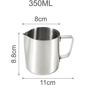A stainless steel milk frothing pitcher with a capacity of 350ML, measuring 8cm in height and 11cm in width.