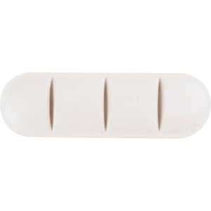A large tablet-shaped stress reliever in a soft white colour, featuring three indented sections and a branding logo.