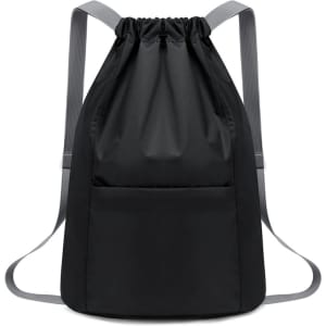 A black drawstring backpack with grey straps and a front pocket, featuring a simple design and a logo.