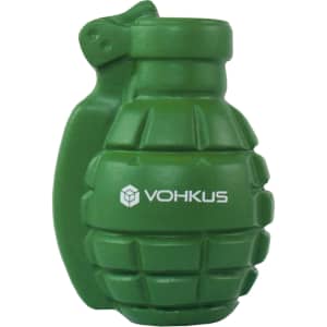A green grenade-shaped stress reliever with a logo. The design mimics a military-style hand grenade.