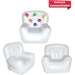 An inflatable chair in white with colourful customizable accents, showcasing three different angles of the product.