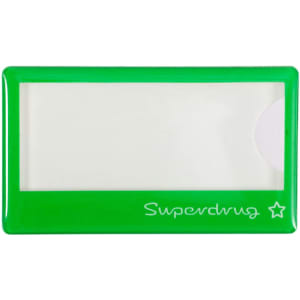 A green reusable acrylic name badge with a clear window and a logo on the bottom.