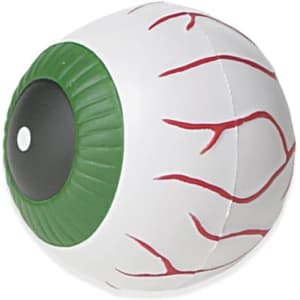 A stress ball shaped like an eyeball, featuring a white surface with red veins and a green iris. Includes a logo.
