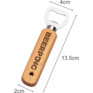A wooden bottle opener with a silver metal opener, featuring a logo and measuring 13.5 cm in length.