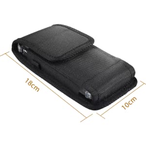 A black phone pouch with a belt clip, measuring 18 cm by 10 cm, featuring a textured fabric surface.