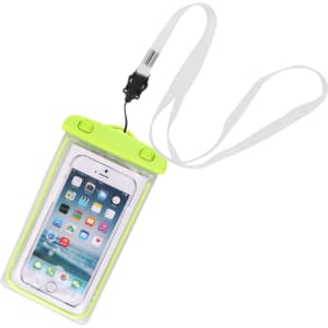 A waterproof phone bag in fluorescent green with a transparent cover and a white lanyard for carrying.