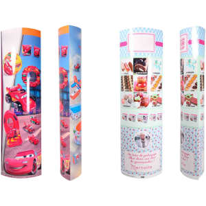 Cardboard display totems in vibrant colours featuring various cartoon characters and products, with logos and visuals on each side.