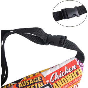 A full colour bum bag featuring various prints, with a black adjustable strap and a plastic buckle.
