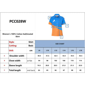 A women's 100% cotton shirt in blue and orange with a collared neckline and short sleeves, displaying sizing information.