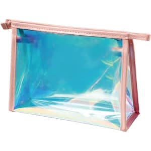 A transparent travel cosmetic bag with an iridescent finish and pink accents. It features a zip closure.