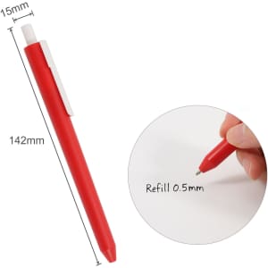 A red plastic pen with a clip, featuring a 0.5mm refill tip, dimensions 142mm x 15mm. It has a logo.