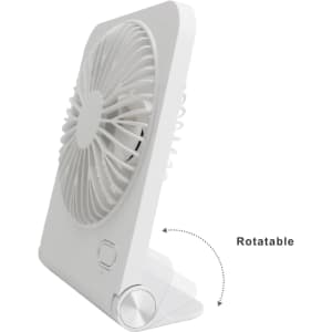 A white mini desk fan with a rotatable design, featuring a circular grill for airflow and a sturdy stand.