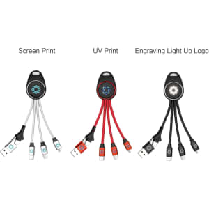 A 6-in-1 light-up charging cable in black, red, and white with multiple connectors and an emblem on each.