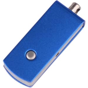 A blue swivel flash drive with a metallic finish and a button on the side. It has a sleek design and compact shape.
