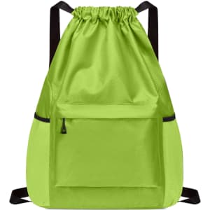 A bright green multi-pocket drawstring backpack featuring a front pocket and a black trim.