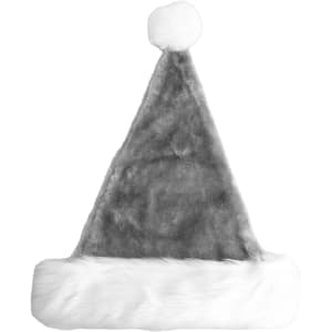 A plush Santa hat in grey with a white fluffy trim and pom pom on top. It has a logo on the inner side.