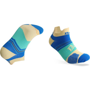 A pair of no show running socks in blue, mint green, and cream, featuring a logo on the side.