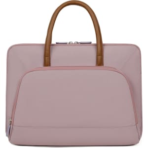A pink PU laptop bag with brown handles and a zippered outer pocket. It features a sleek and simple design.