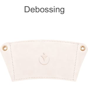 A drink bottle holder in cream leather featuring an acrylic strap and a circular logo at the bottom.