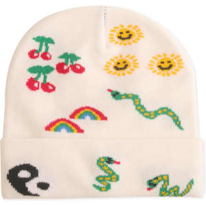A cream knitted beanie featuring colourful designs, including cherries, suns, rainbows, and snakes, with a logo.