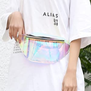 A holographic waist bum bag with a clear front, featuring a zipper and worn around the waist.