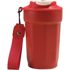 A drink bottle in vibrant red, featuring a double wall design, a white lid, and a red strap for easy carrying.